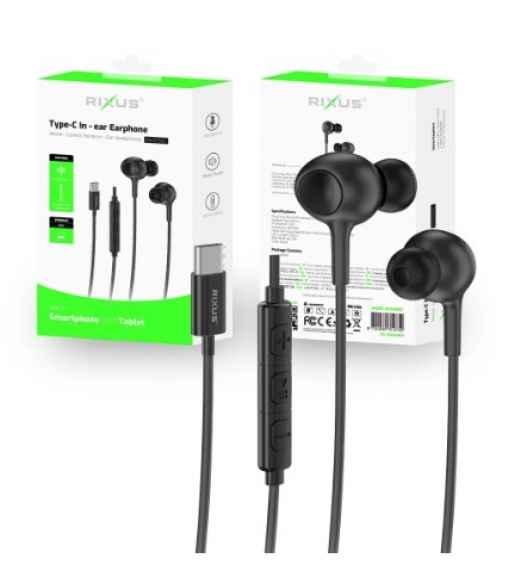 Auricular com Fio Rixus RXHD56C c/Microfone Type-C Wired Earbud Preto